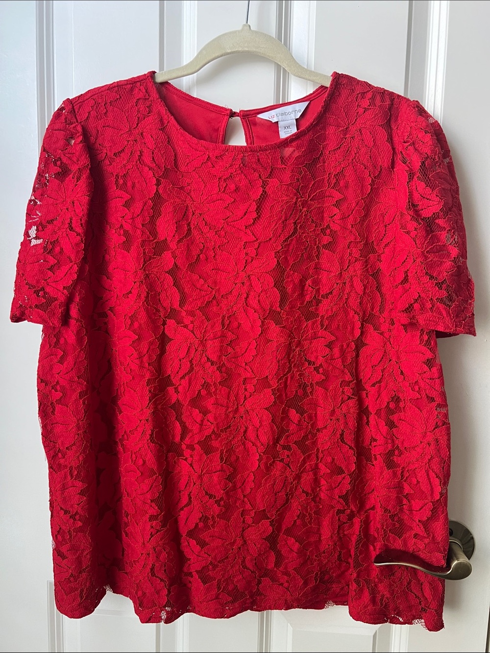 Liz Claiborne Red Floral Lace Short Sleeve Blouse